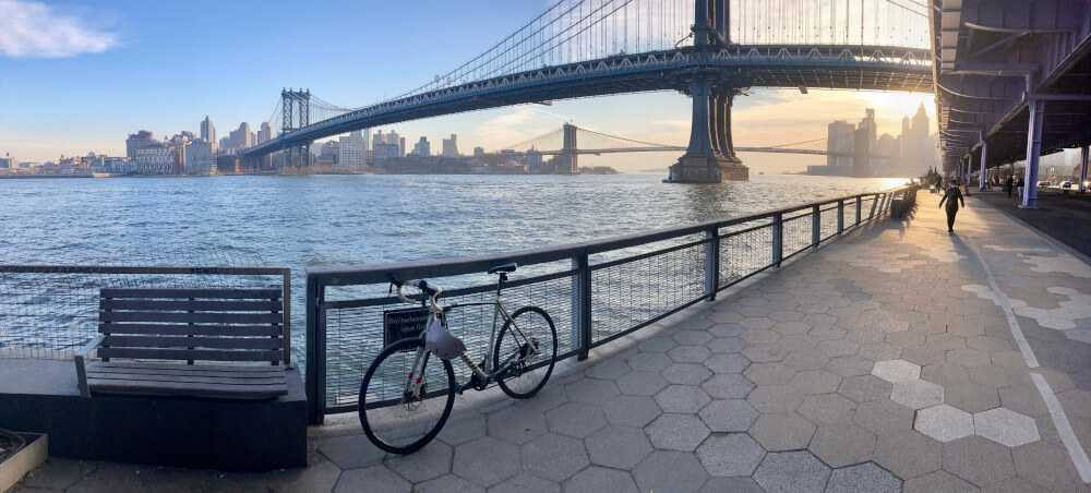 manhattan bridge as seen during the evening golden hour