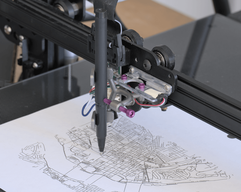 Pen holder mounted on Creality CR6-MAX 3D printer plotting a section of openstreetmap.